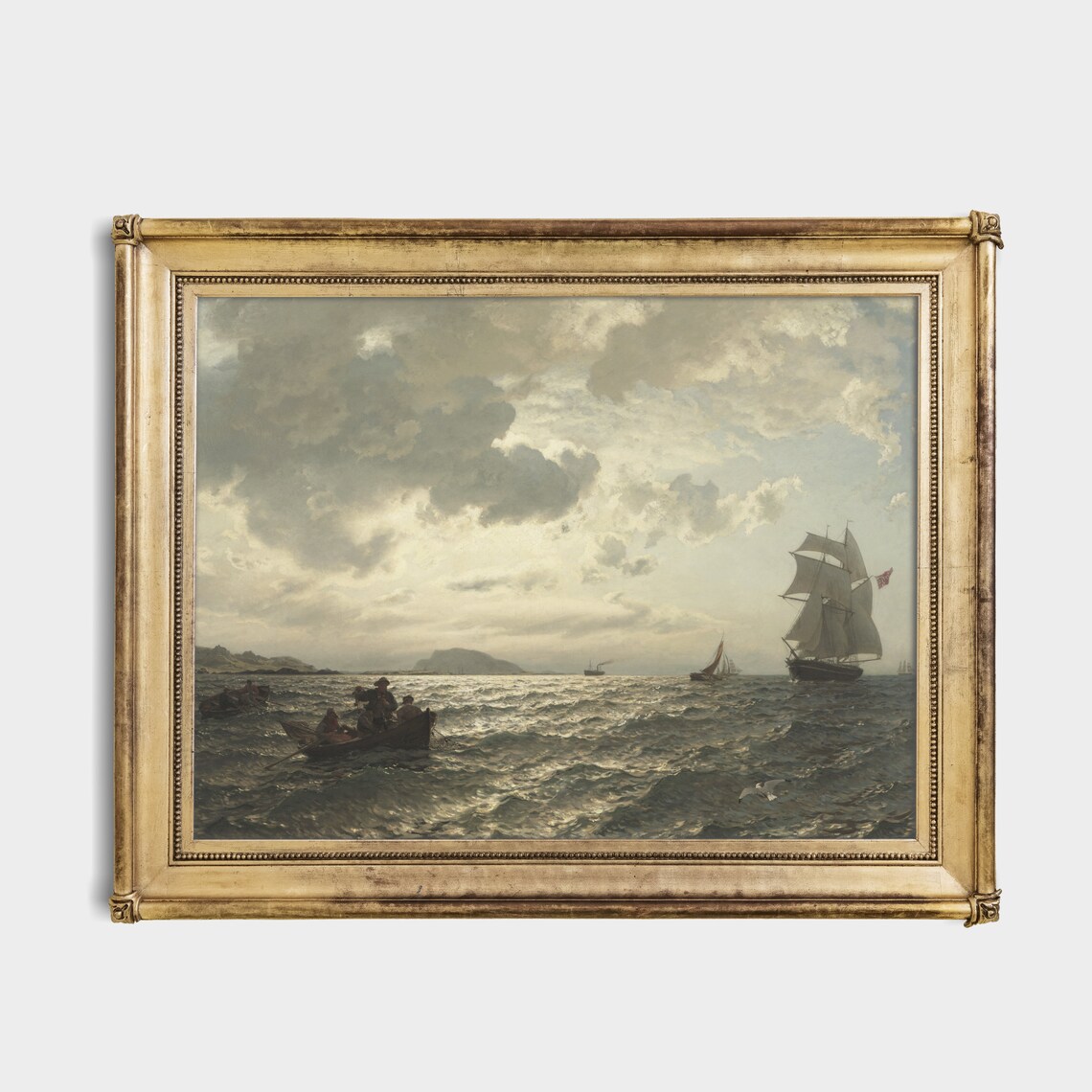 Fishermen in a Rowboat with Sailing Ship Vintage Marine Poster - Image 2