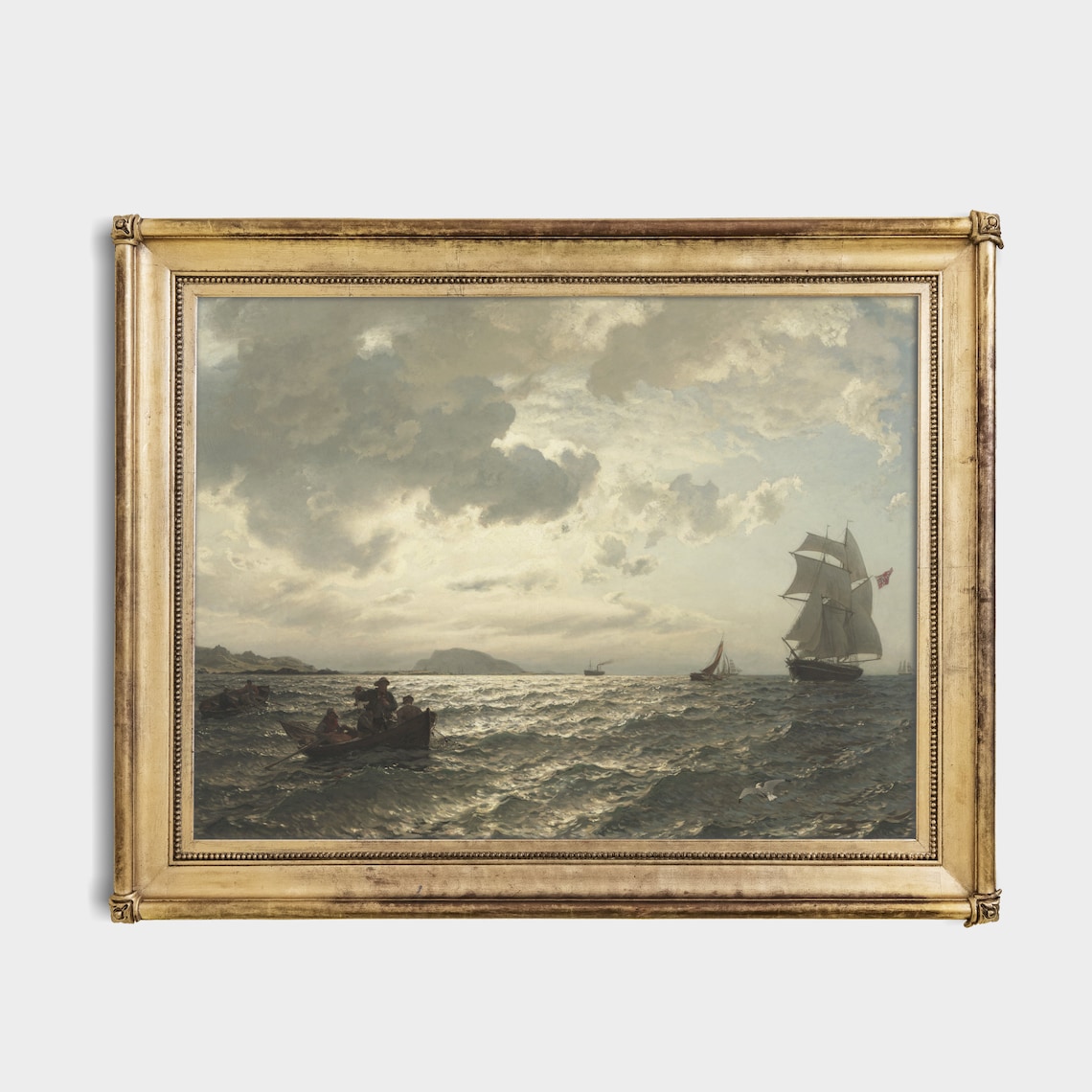 Fishermen Rowing Boats Beside a Tall Ship at Sea Marine Poster - Image 4