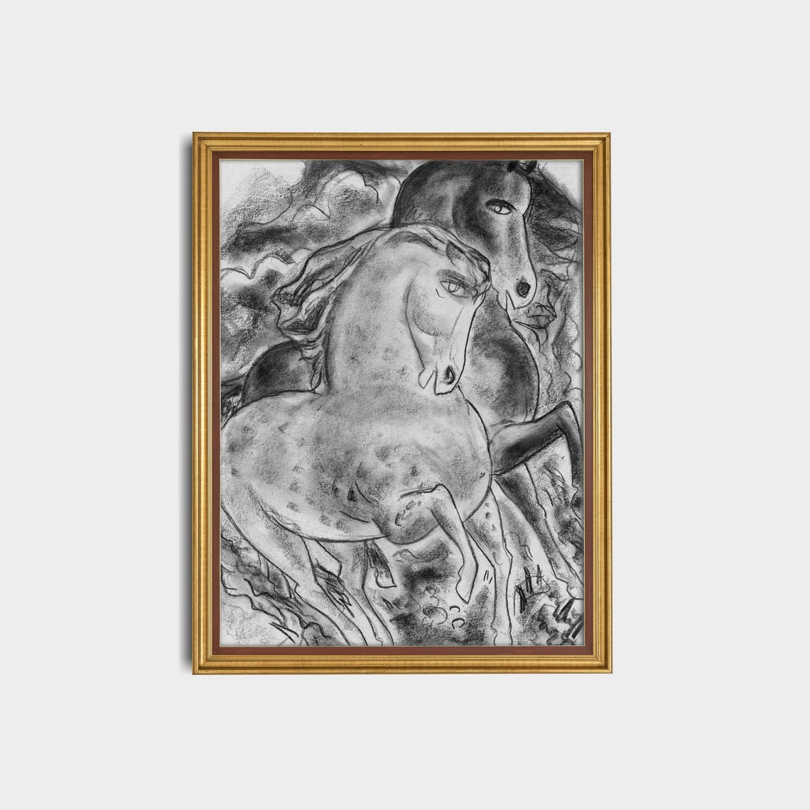 Bold Expressive Charcoal Sketch of Two Rearing Horses Art Poster - Image 3