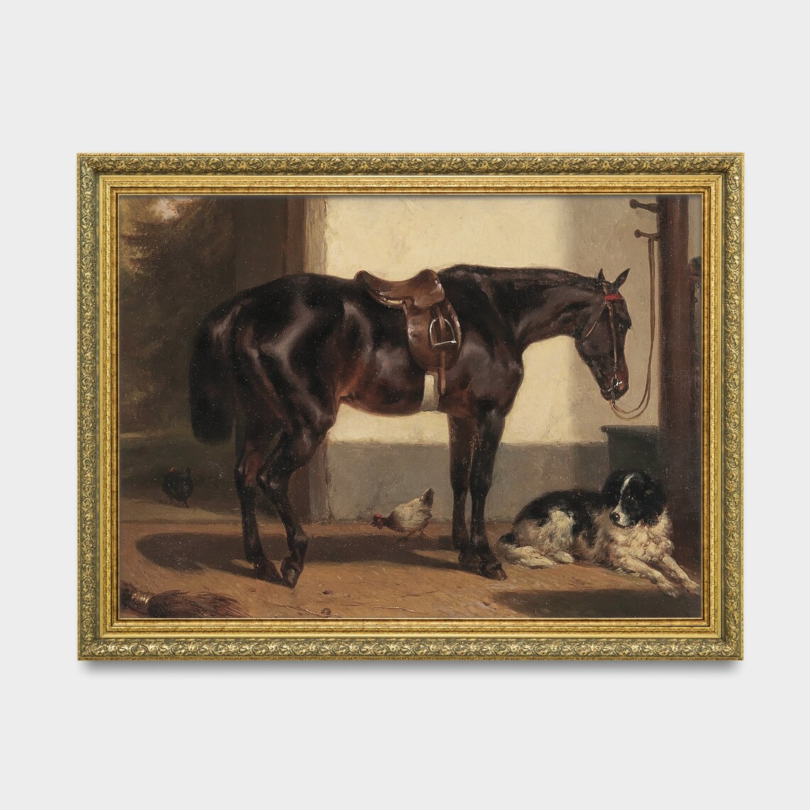 Black Saddled Horse With Dog and Chickens in Stable Yard Poster - Image 3