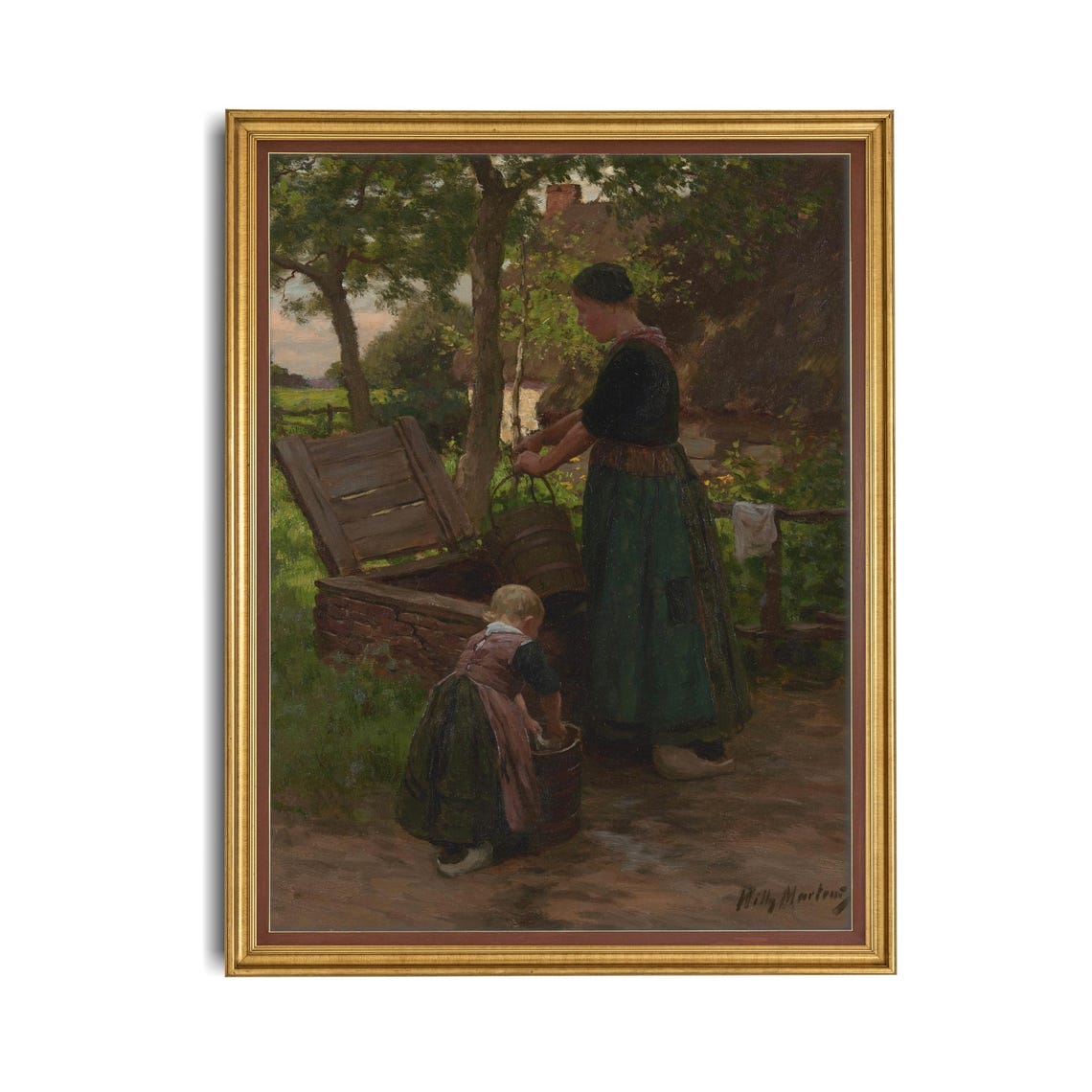 Printed And Shipped Vintage Portrait Painting Antique Woman Portrait Mother And Daughter At The Well Physical Print Figurative Art - Image 4