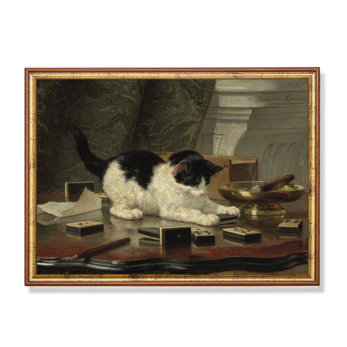 Black and White Kitten Playing Dominoes on a Desk Vintage Cat Poster