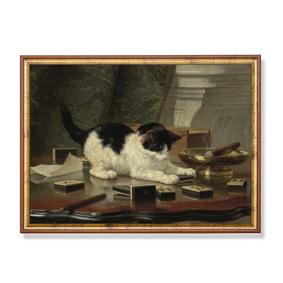 Black and White Kitten Playing Dominoes on a Desk Vintage Cat Poster