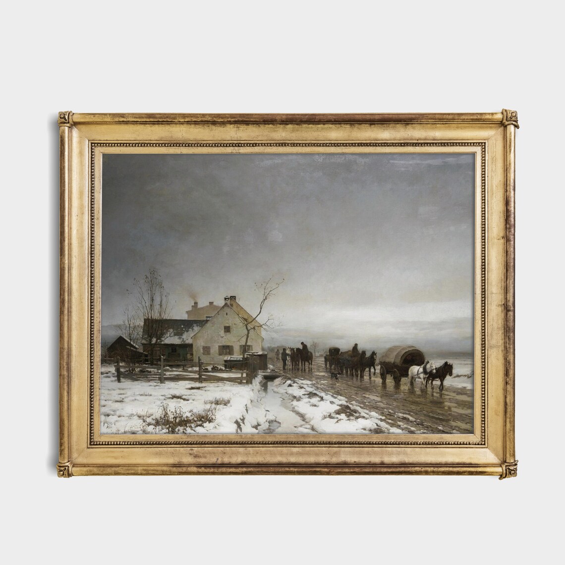Horse-Drawn Carriages Leaving a Snowy Farmhouse Antique Winter Poster - Image 2