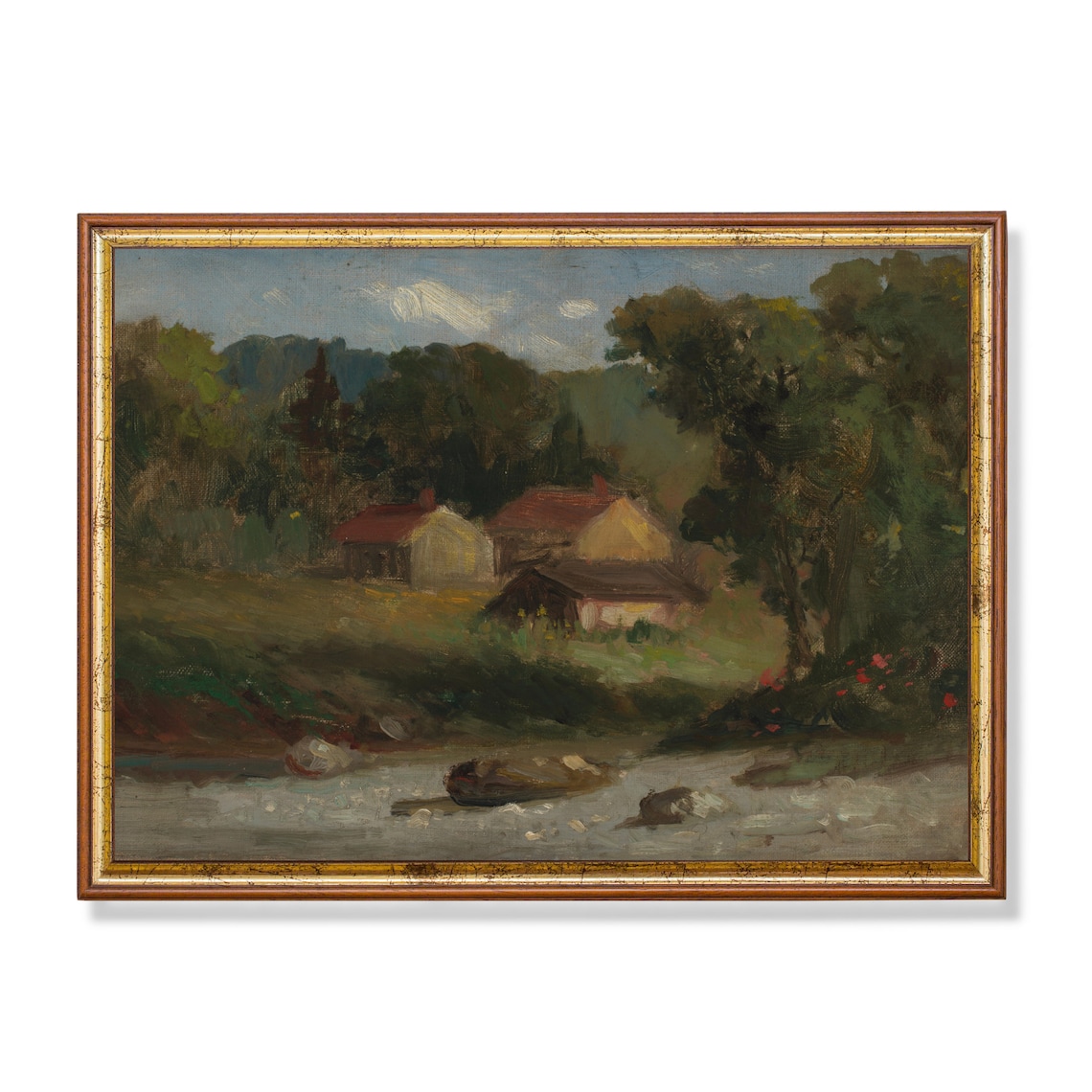 Impressionist Country Cottages By The River Landscape Art Poster