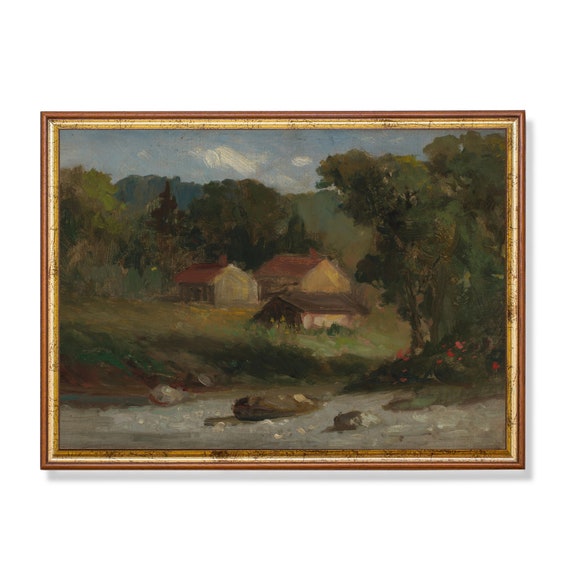 Vintage Landscape Painting Antique Country Landscape Moody Rustic Fine Print Farmhouse Decor Wall Art