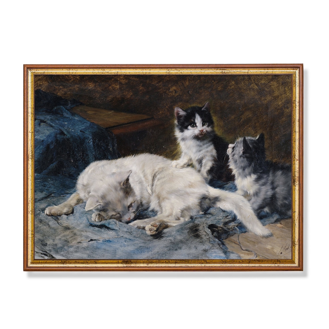 White Cat Resting with Two Kittens on Blue Fabric Vintage Animal Poster