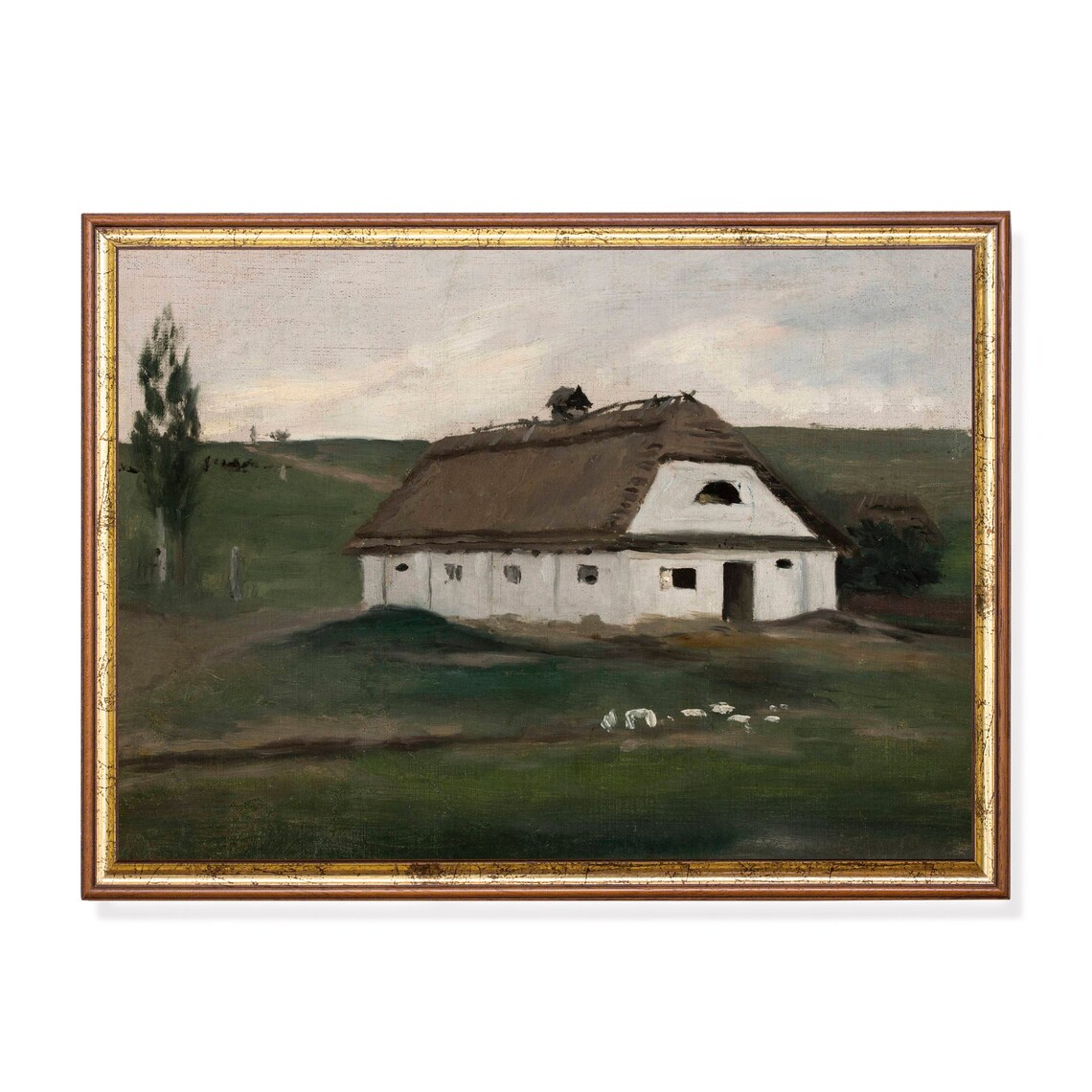 Thatched Roof White Cottage in a Green Country Pasture Poster