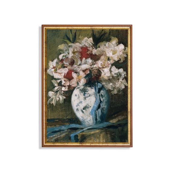 Vintage Still Life With Flowers Antique Floral Painting Moody Rustic Print Wall Art Farmhouse Decor