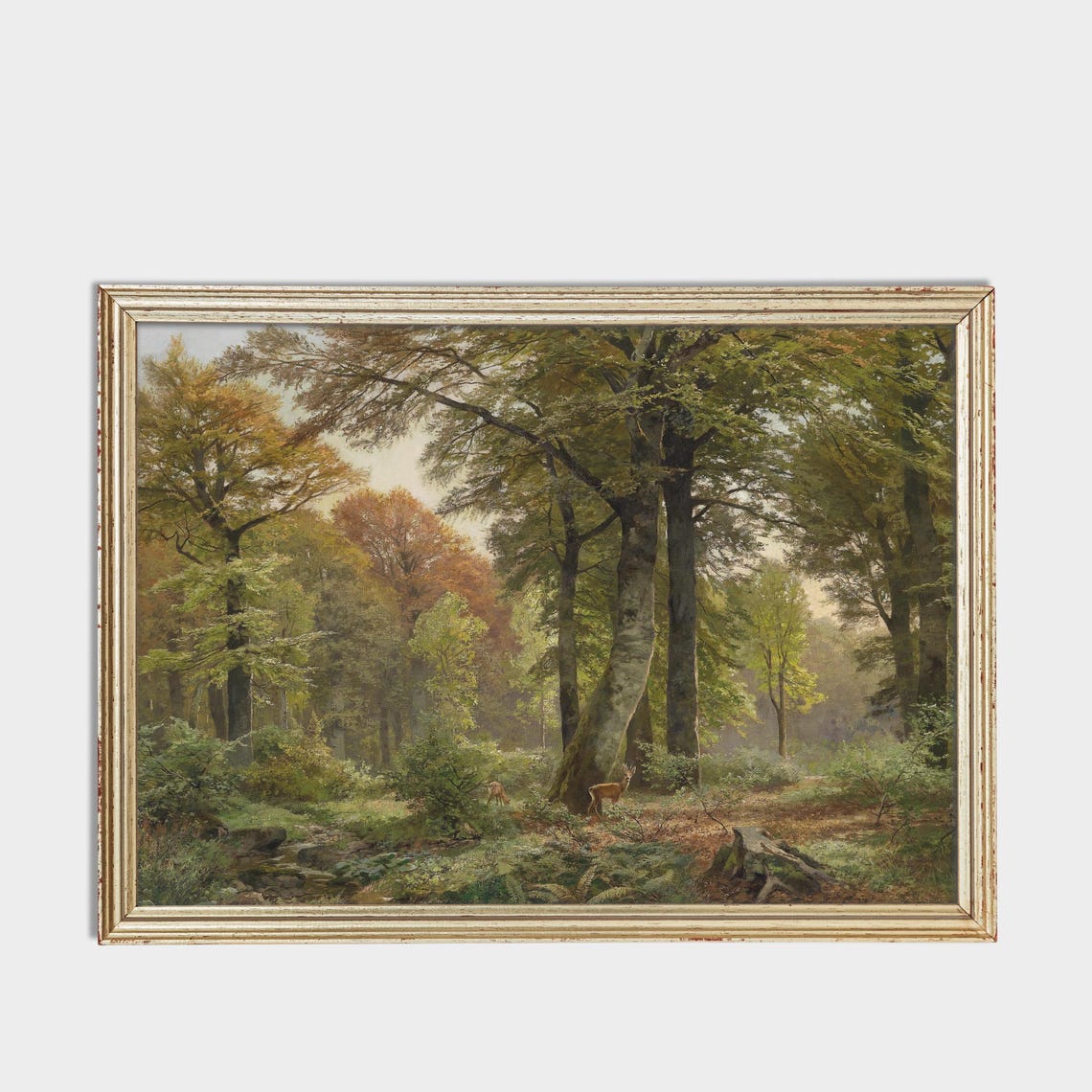 Deer in an Autumn Beech Forest Vintage Landscape Painting Poster - Image 3