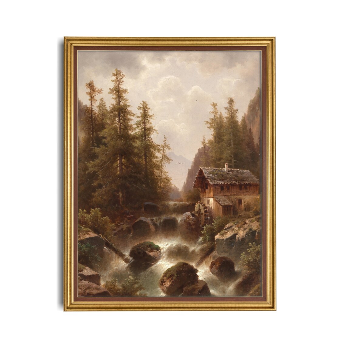 Vintage Mountain Landscape Antique Mill Painting - Image 2