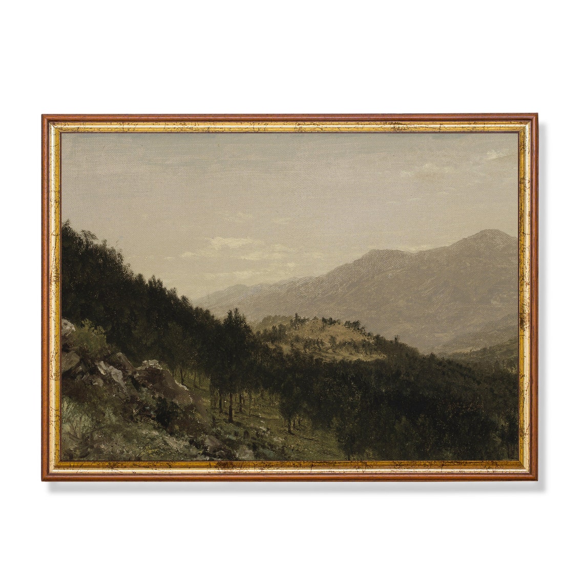 Hazy Mountain Valley in Muted Tones Vintage Landscape Poster