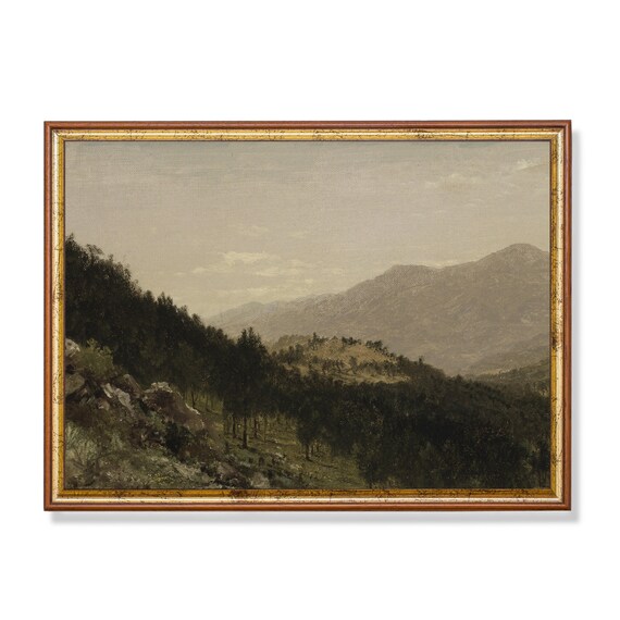 Serene Mountain Landscape Print Vintage Nature Artwork Classic Countryside Scene Misty Hills And Forest Tranquil Wall Art