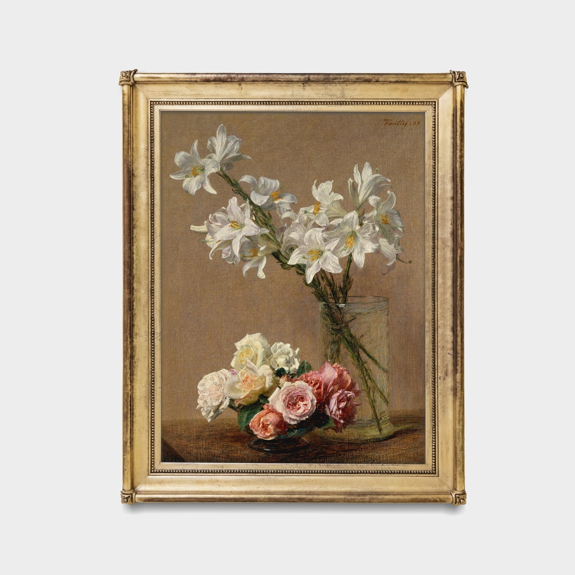 White Lilies and Roses in a Glass Vase Still Life Art Poster - Image 3