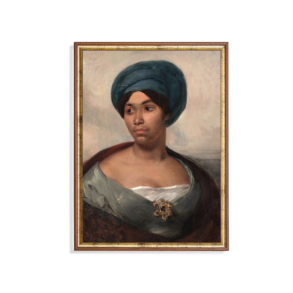 Woman in a Blue Turban With Brooch Classical Portrait Poster