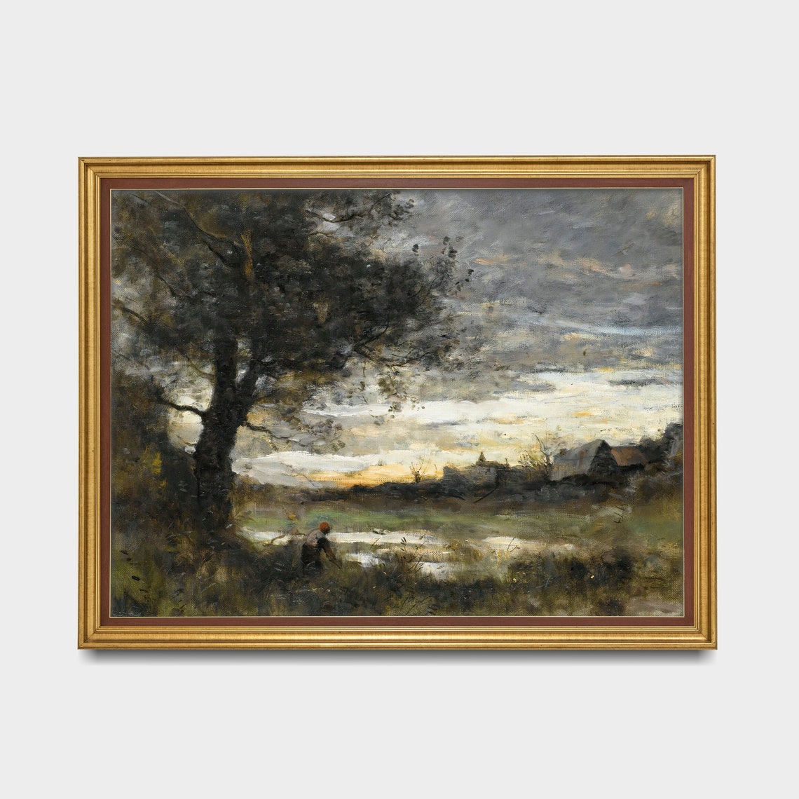 Antique Dusk Landscape with a Lone Tree and Village Beyond Poster - Image 3