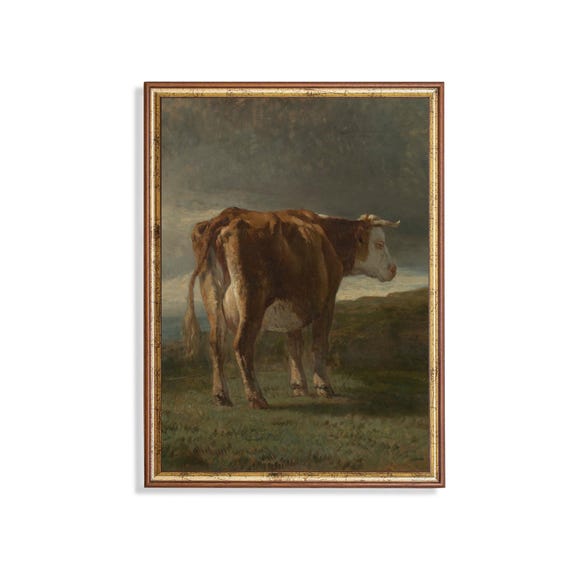 Print And Ship Vintage Cow Painting Antique Animal Print Moody Rustic Artwork Mailed Print Farmhouse Country Decor Fine Art