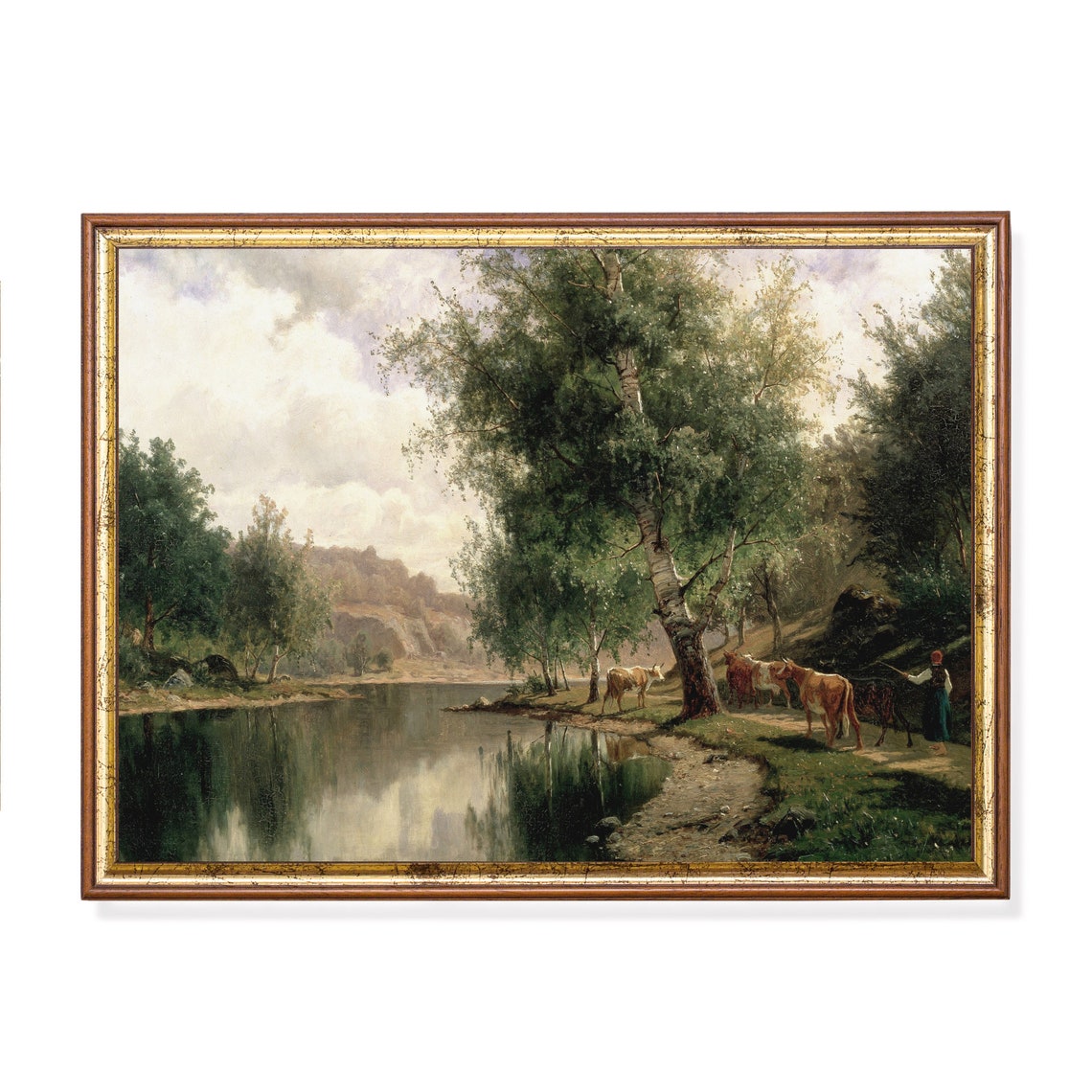 Cows Watering at a Birch-Lined River Landscape Vintage Poster