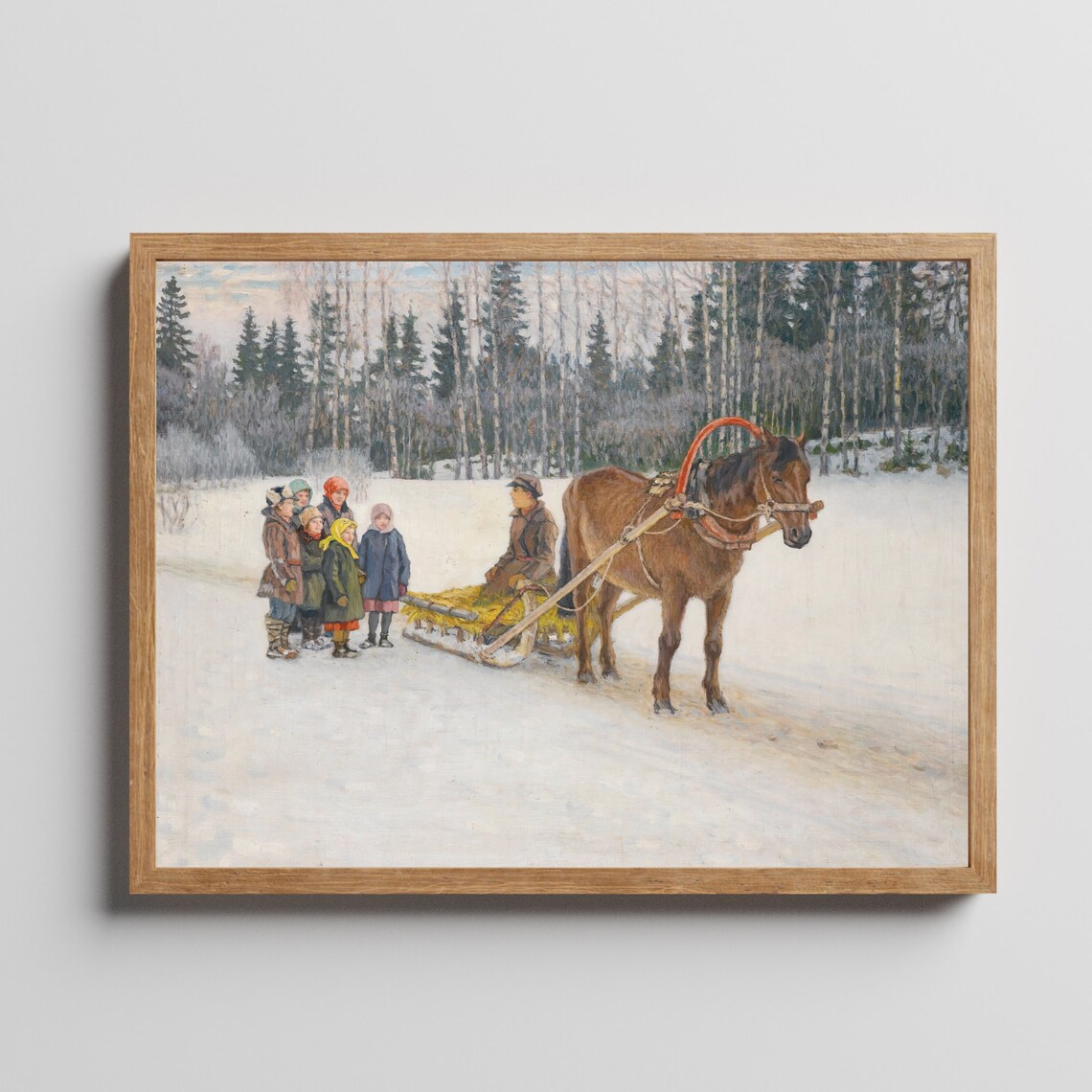 Sleigh Ride With Children, Vintage Winter Landscape Art Print - Image 2
