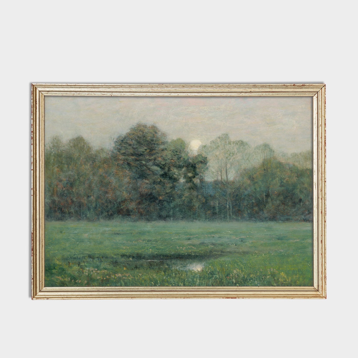 Misty Dawn Meadow Pond Treeline Soft Pastel Vintage Landscape Poster - Image 2