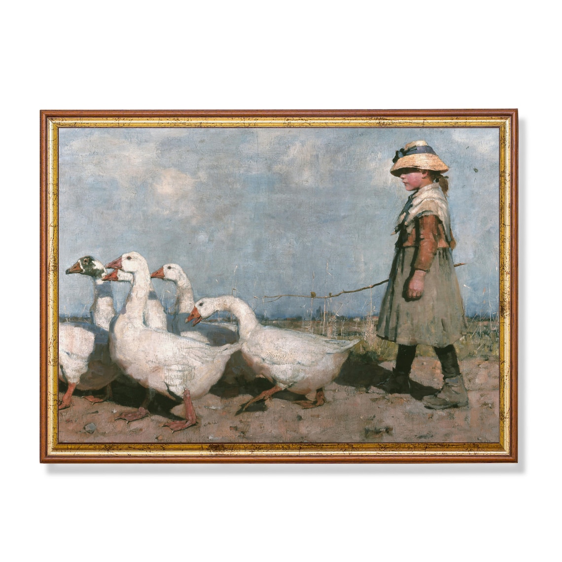 Girl With Ducks Vintage Farmhouse Poster Print