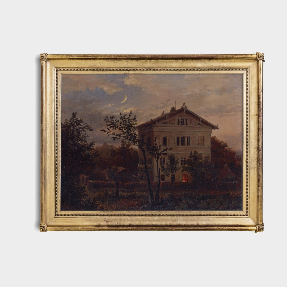 Moonlit Villa with Crescent Moon and a Single Lit Window Night Poster - Image 4