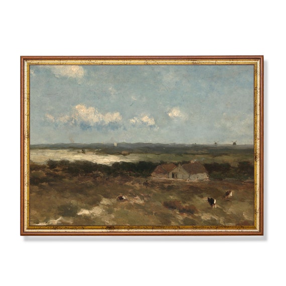 Vintage Landscape Painting Antique Country Landscape Wall Art Farmhouse Decor Moody Rustic Fine Print