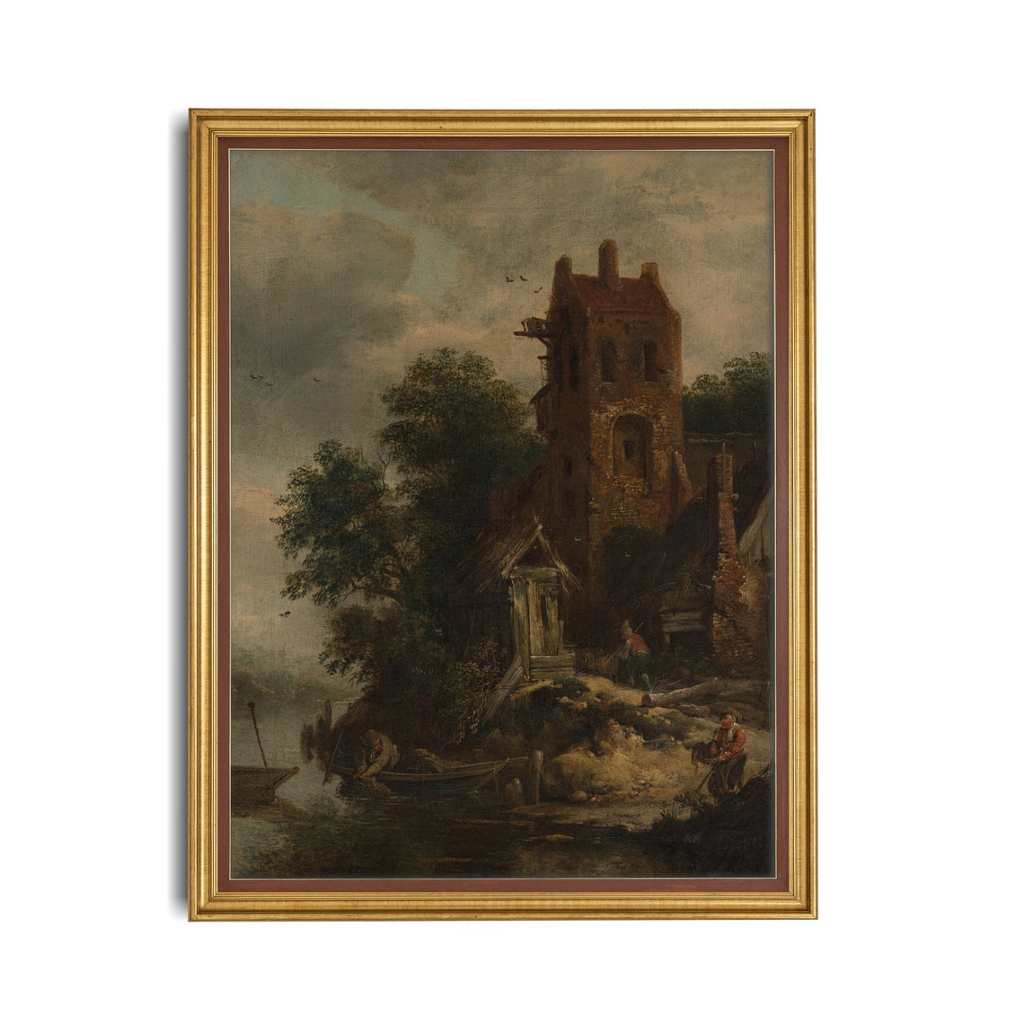 Dutch River Scene With Ruined Brick Tower and Fishermen Antique Poster - Image 5