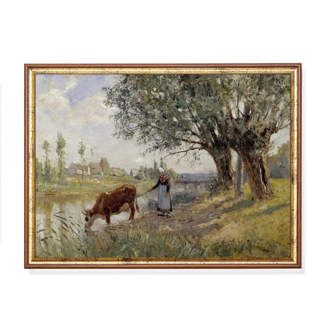 Milkmaid with a Cow Drinking at the Riverbank Impressionist Poster