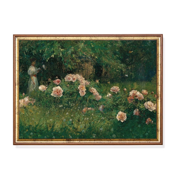Vintage Woman in Rose Garden Reading Book Art Print