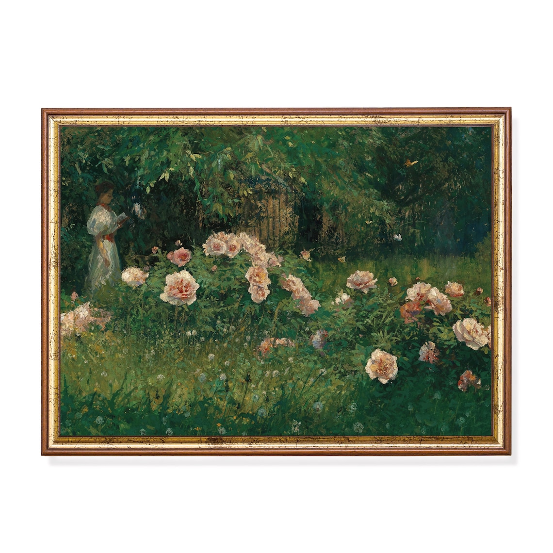 Vintage Woman in Rose Garden Reading Book Art Print