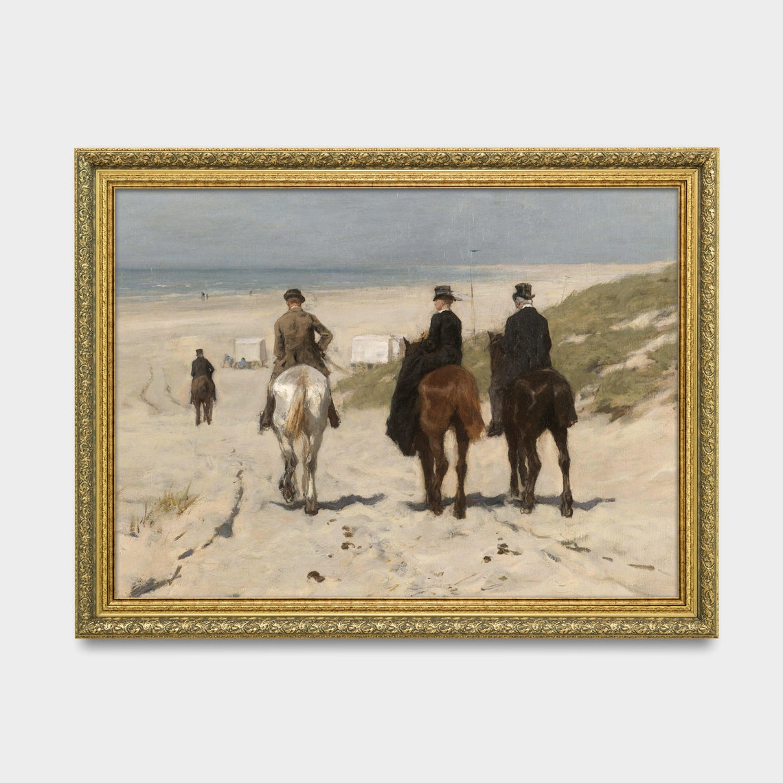 Vintage Horseback Riders on Beach Painting Equestrian Coast Wall Art - Image 3