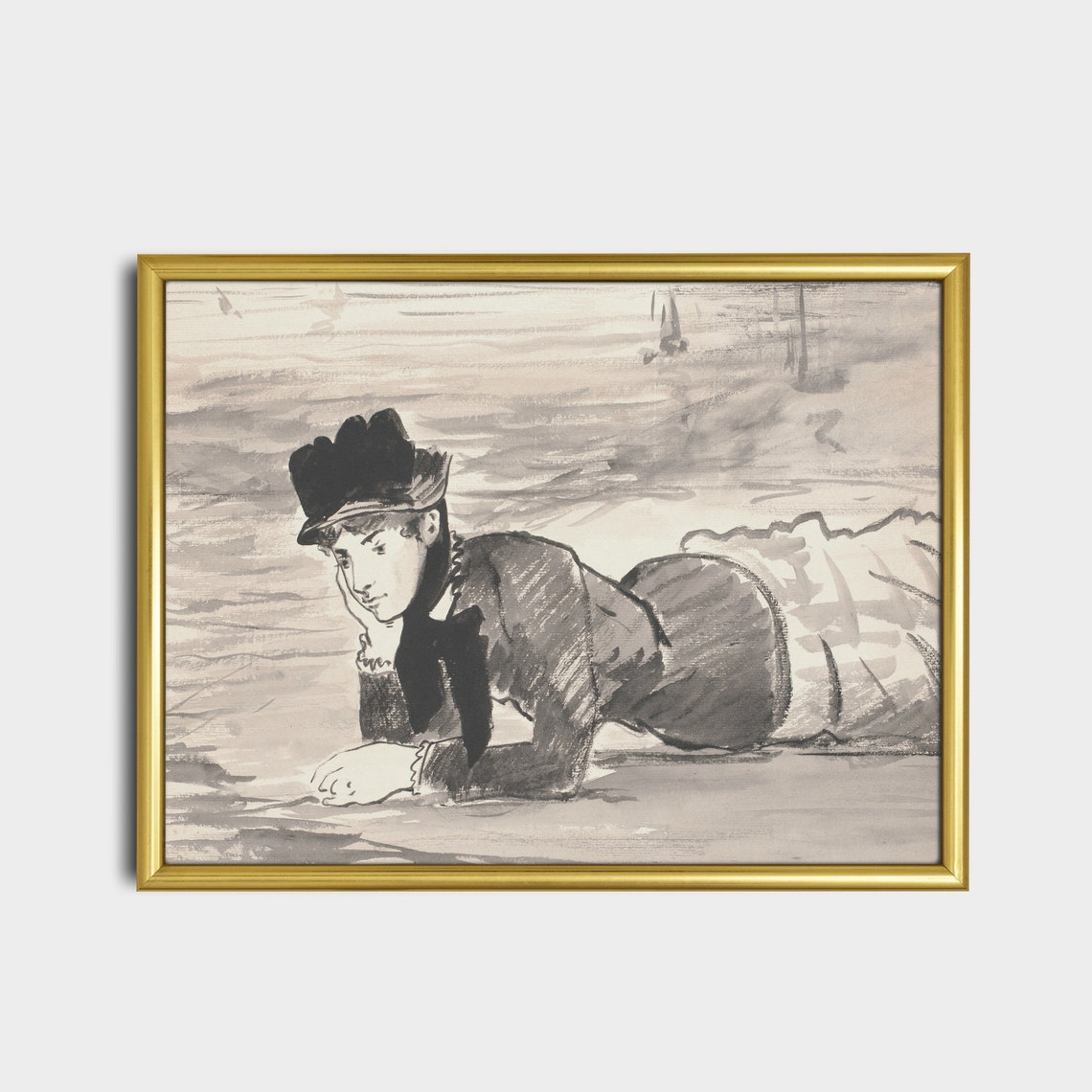 Elegant Woman in a Hat Reclining on a Beach Ink Wash Sketch Poster - Image 2