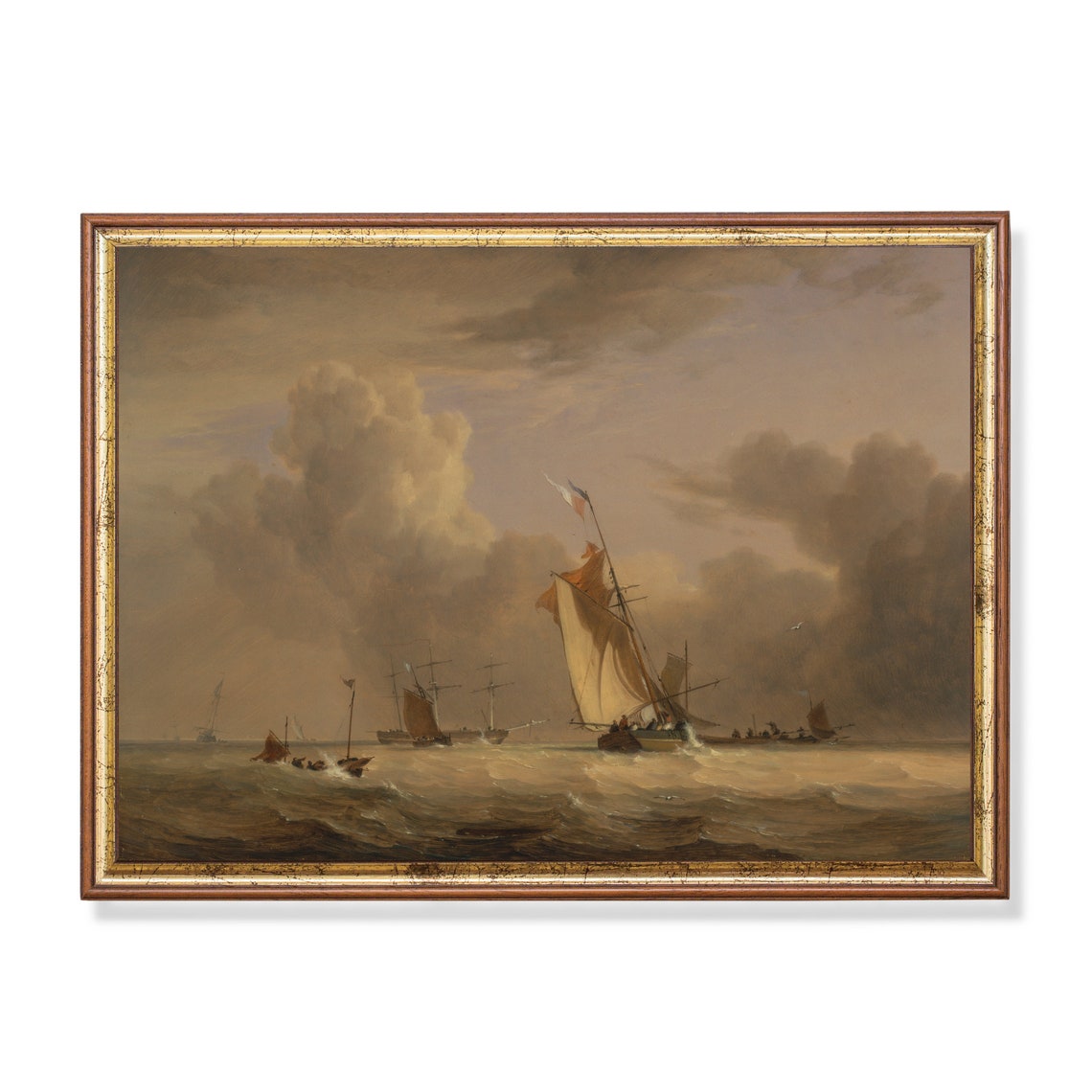 Tall Ships at Sea Under Dramatic Clouds Vintage Seascape Poster