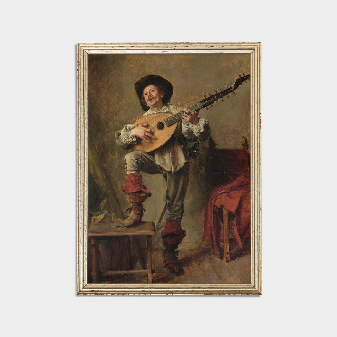 Jolly Musician Playing a Large Lute Vintage Genre Painting Poster - Image 2