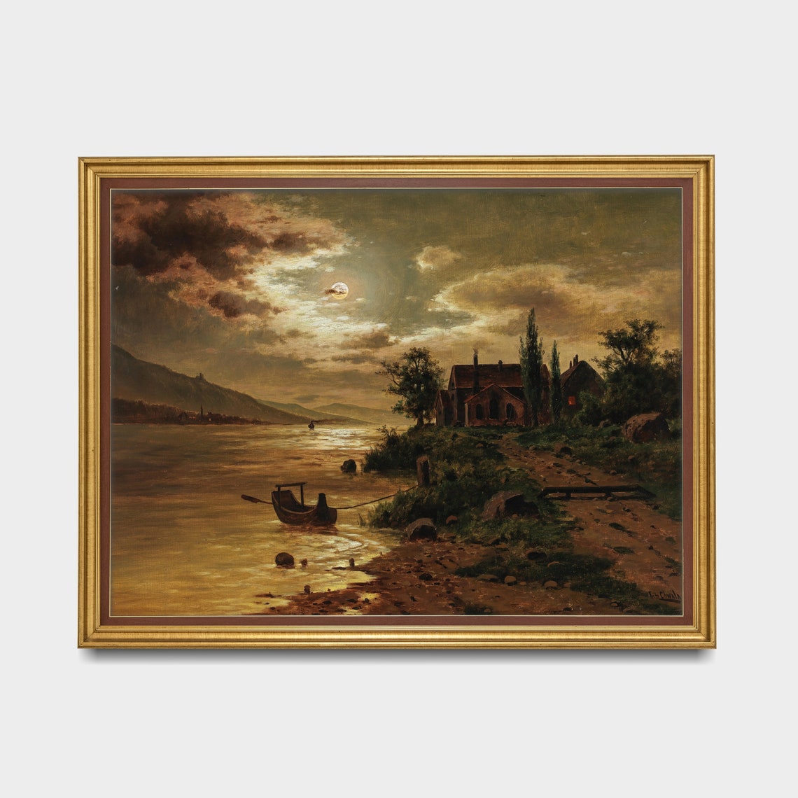Moonlit River with a Cottage and Rowboat Nocturne Art Poster - Image 3