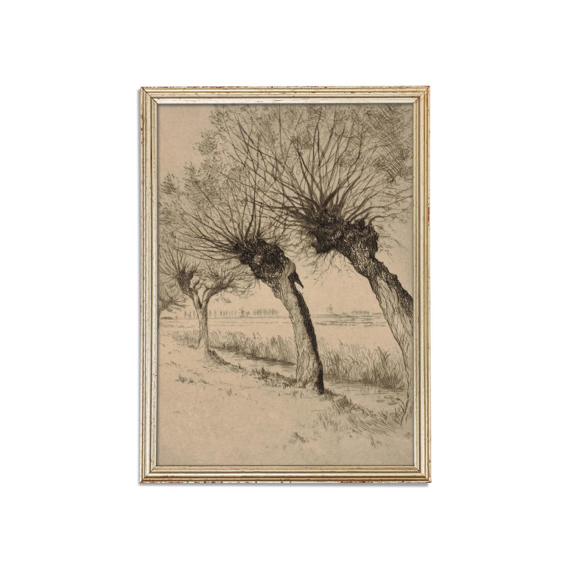 Antique Pollarded Willow Trees By Water Sketch Drawing Art Poster - Image 3