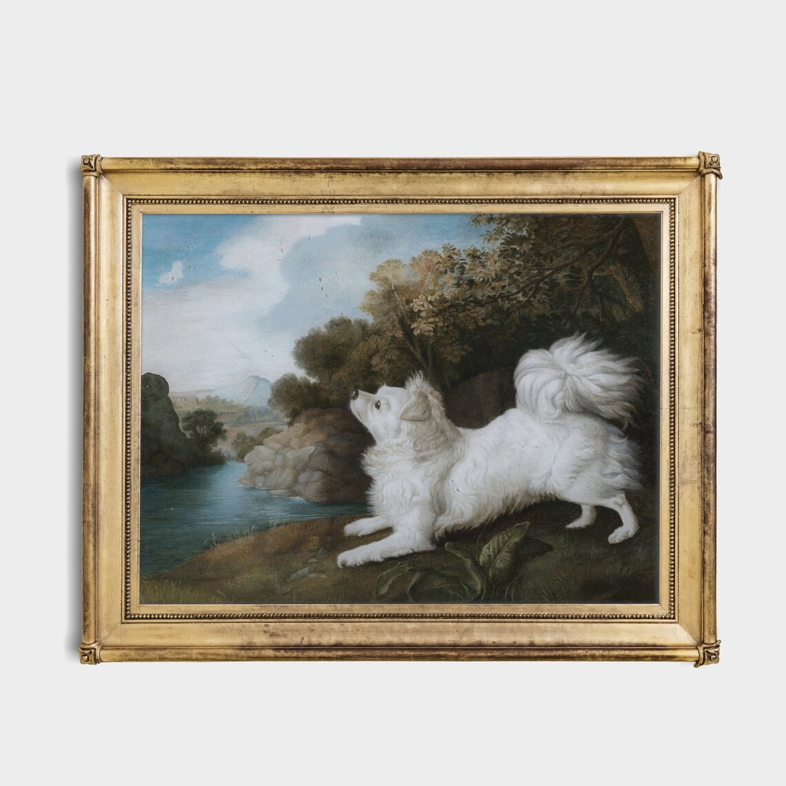Vintage Painting of a Small White Fluffy Dog Beside a River Poster - Image 3