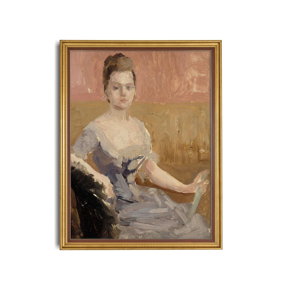 Seated Woman in a Gray Dress Holding a Fan Impressionist Poster - Image 3