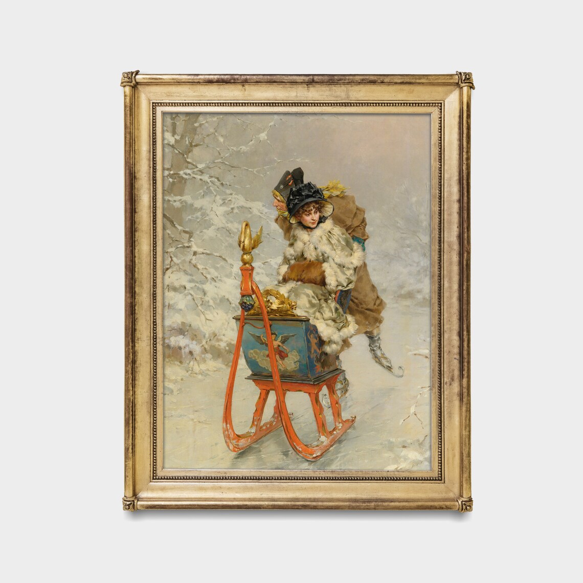 Girl on Ornate Red Sleigh Vintage Winter Scene Painting Poster - Image 3
