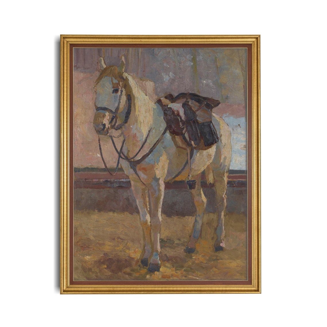 Saddled Grey Horse Standing in a Paddock Vintage Equestrian Poster - Image 2