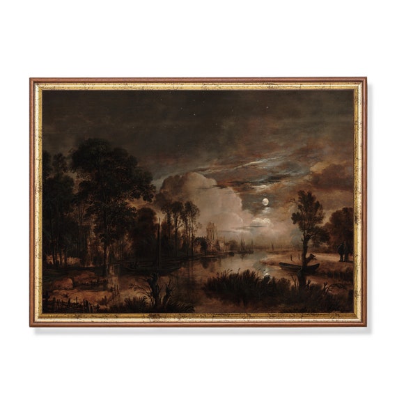 Printed And Shipped Vintage Moonlit Landscape Painting Antique Art Print Dark Academia Moody Rustic Art Physical Prints
