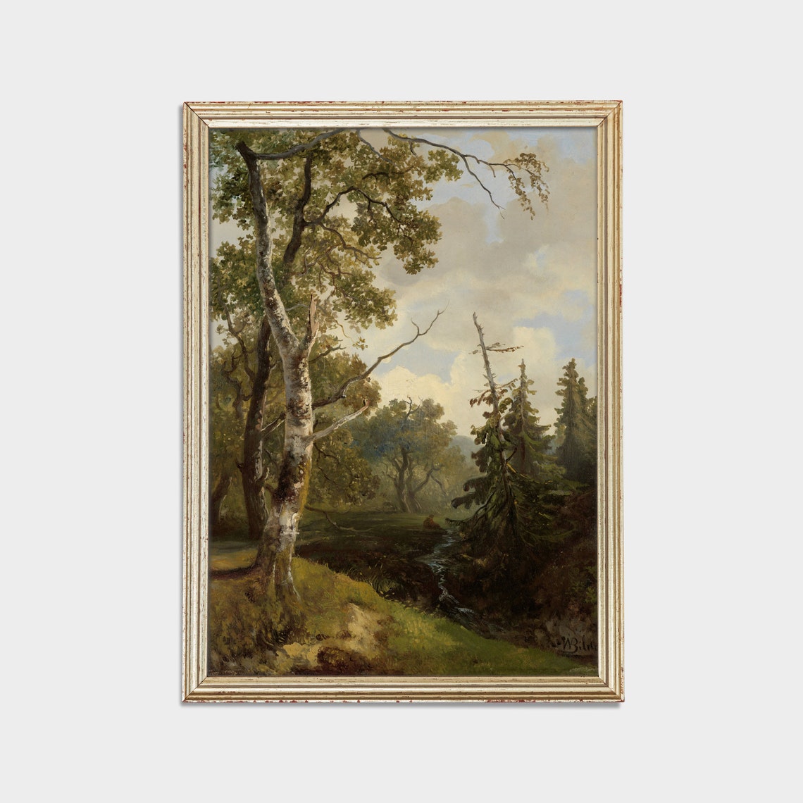 Vintage Birch Forest Painting Antique Woodland Landscape Wall Art - Image 2