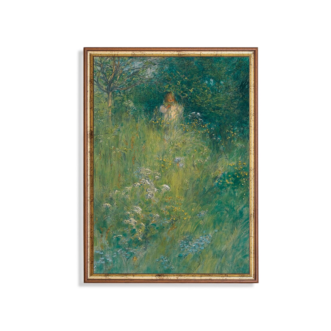 Young Girl in a Wildflower Meadow Beneath Green Trees Poster