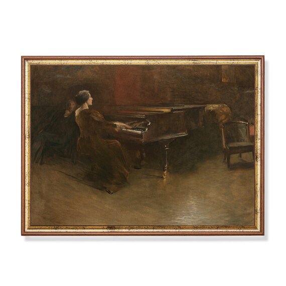 Woman Playing Piano in Dark Moody Antique Interior Painting Print
