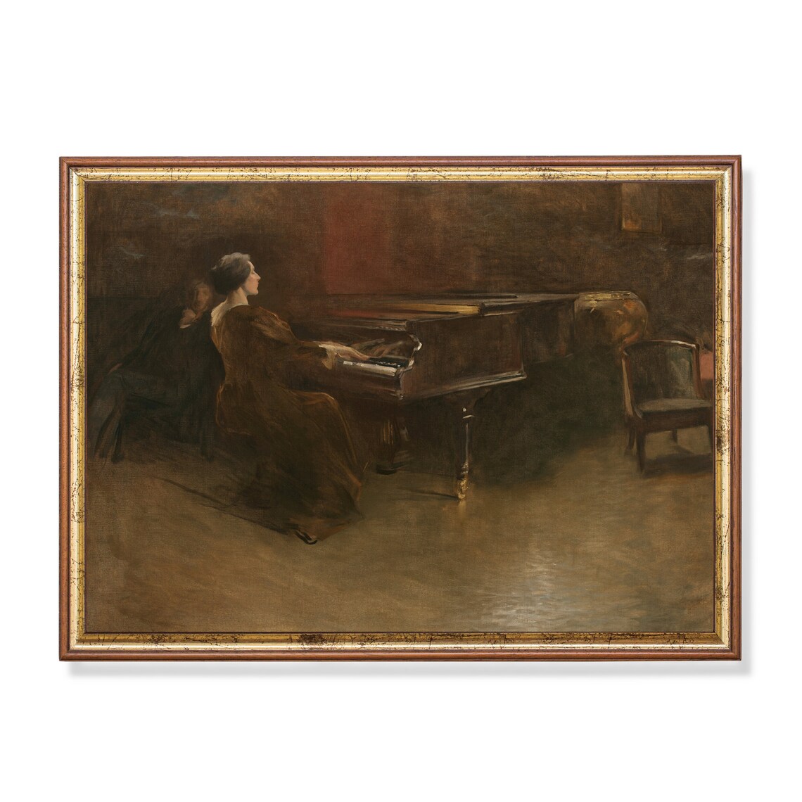 Woman Playing Piano in Dark Moody Antique Interior Painting Print