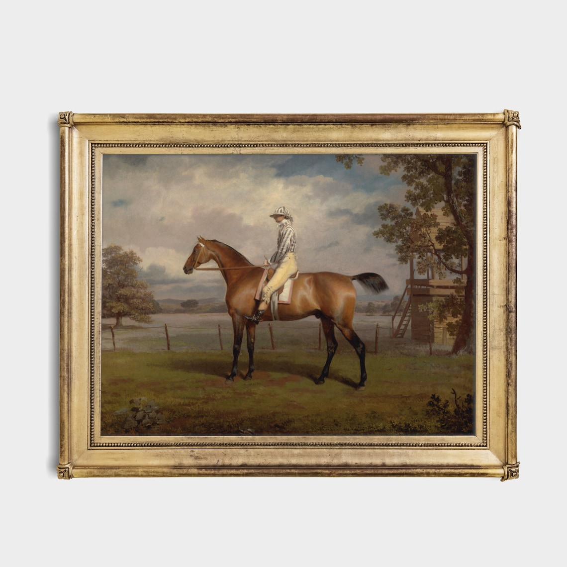 Jockey in Striped Silks Aboard a Bay Racehorse Near Grandstand Poster - Image 2