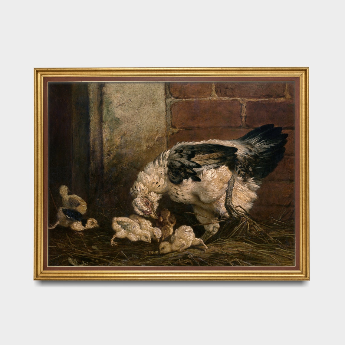 Vintage Mother Hen Chicks Brick Wall Farmyard Oil Painting Poster - Image 3