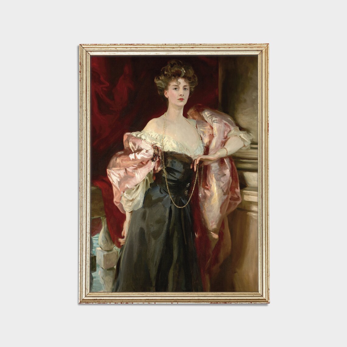 Elegant Woman In Black Dress With Pink Shawl And Pearls Portrait Poster - Image 2