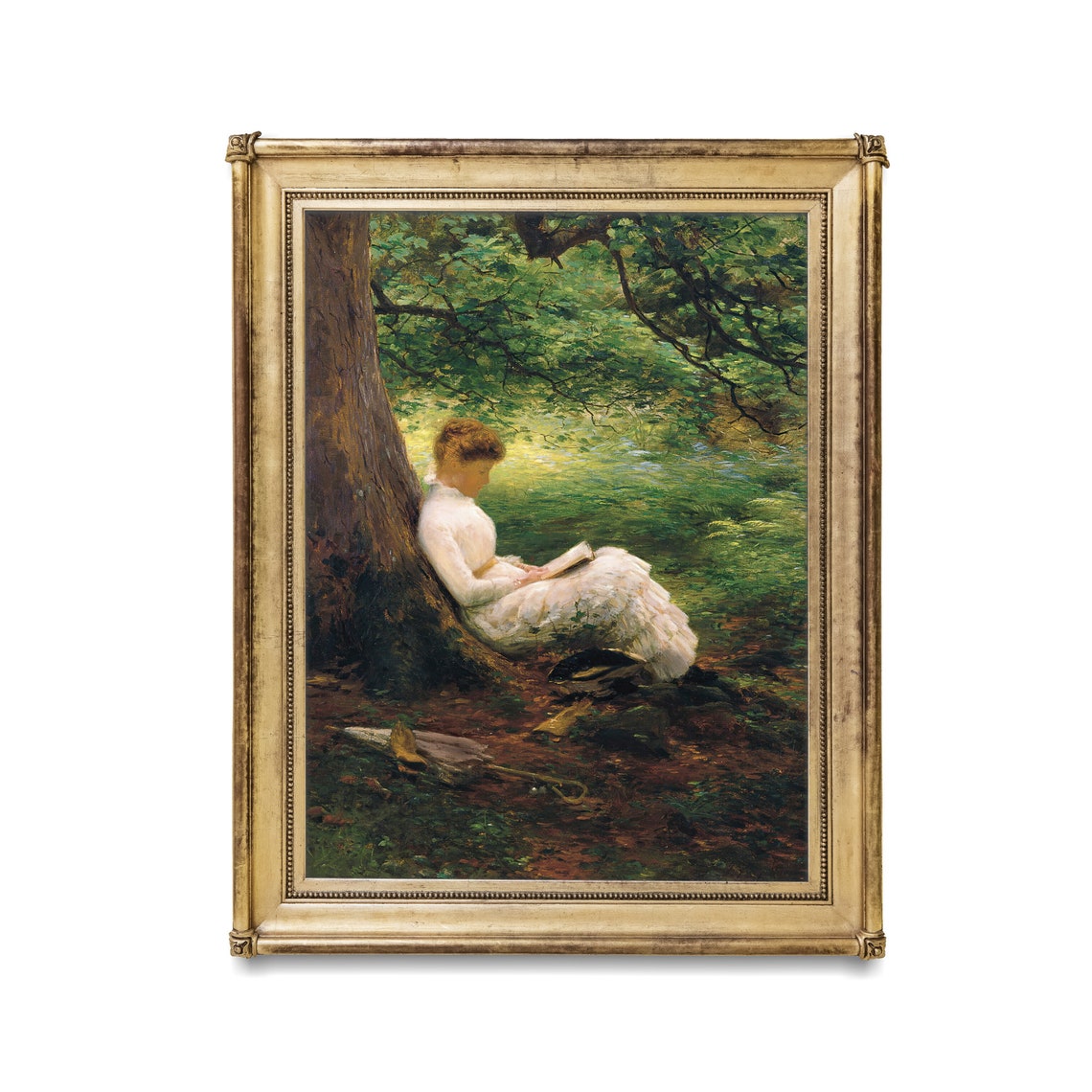 Woman Reading in a White Dress Under a Great Tree Woodland Poster - Image 2
